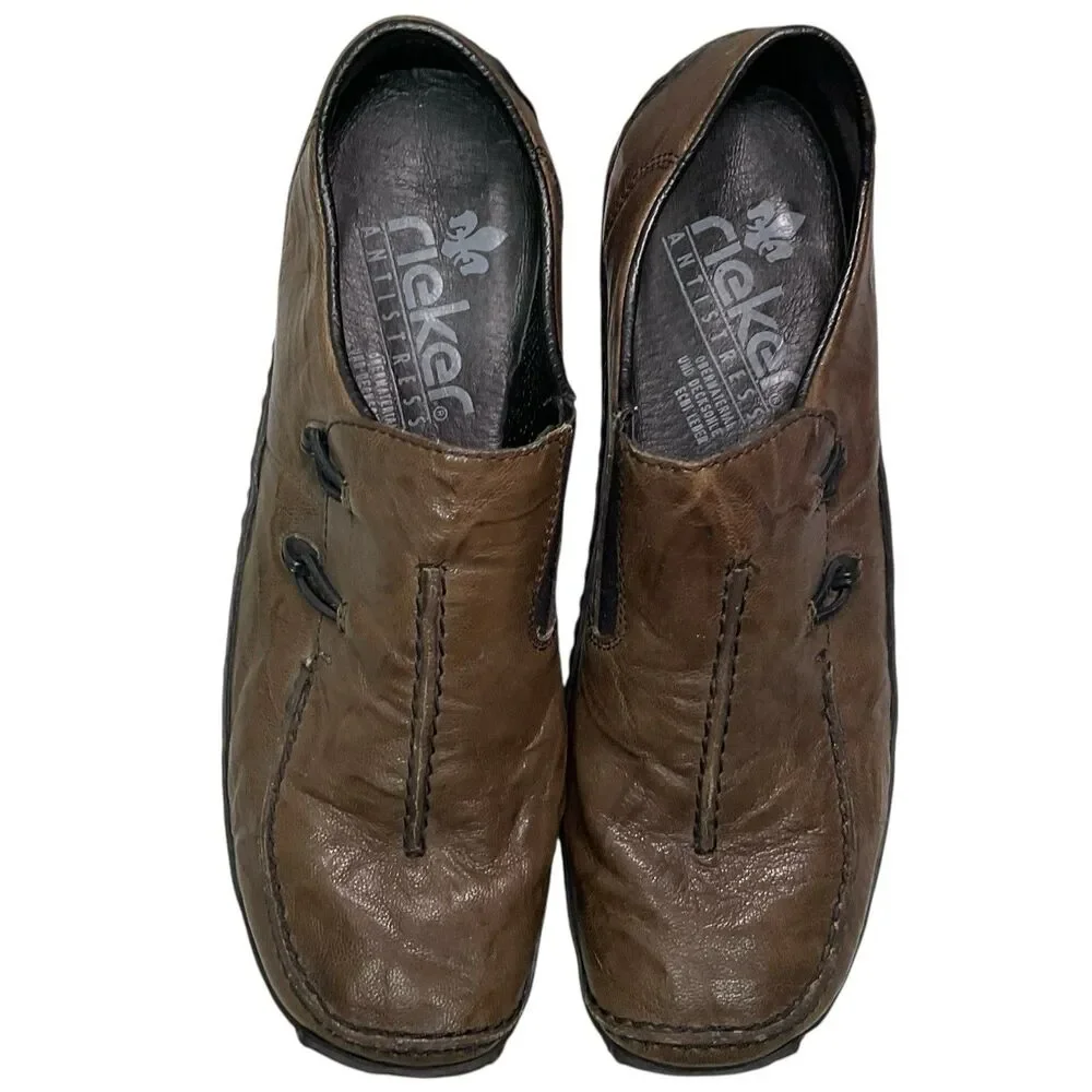Rieker Women’s 38 EUR 7.5 US Antistress Brown Leather Slip On Driving‎ Loafers